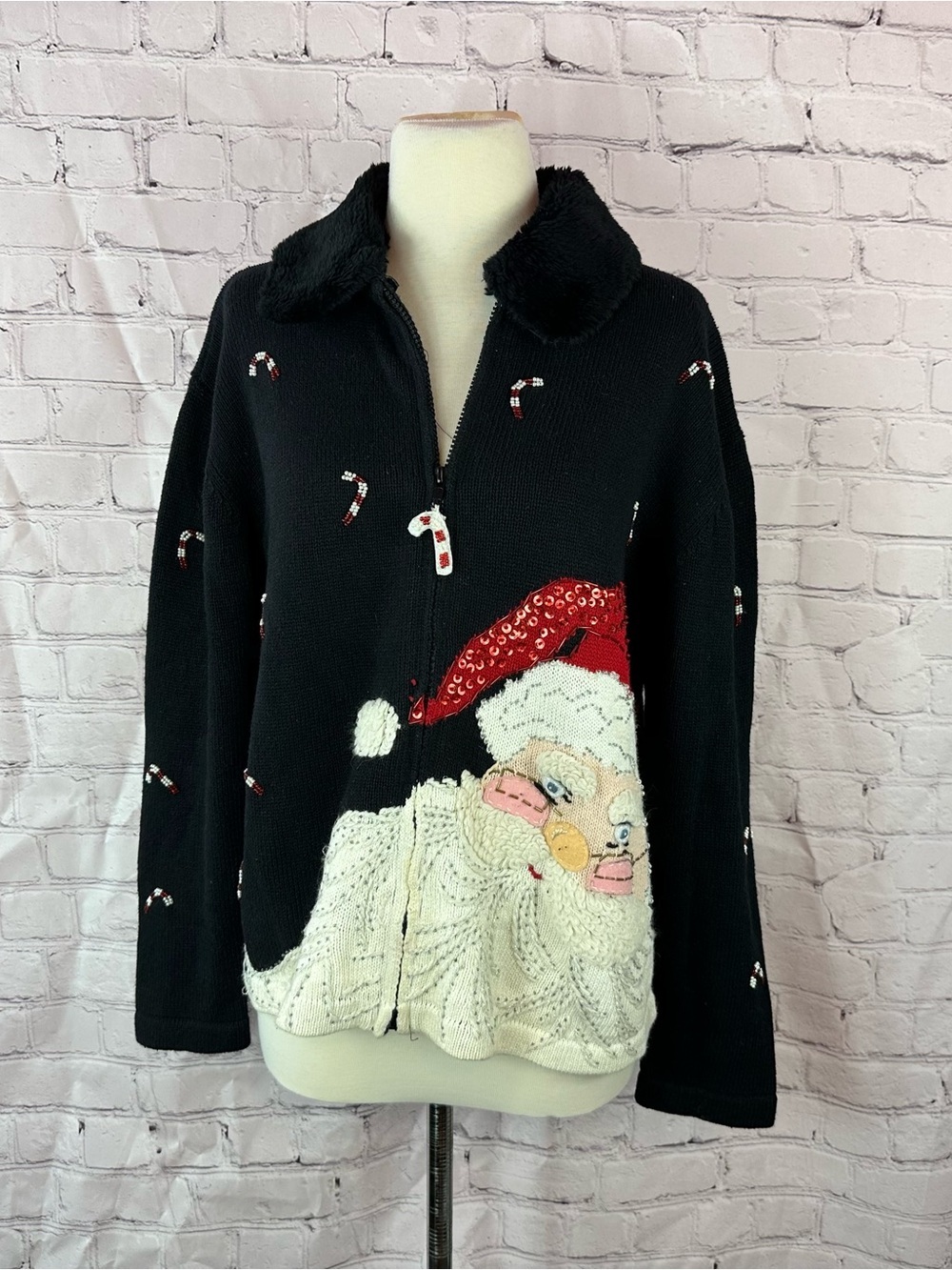 vtg Tiara Black Sweater cardigan full zip women L holiday santa embellished 2004